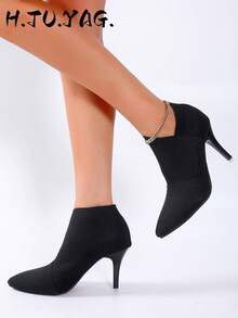 Fall/Winter Perfect With Tops,Women White Side Zip Point Toe Classic Boots,Perfect With Cardigan/Sweaters, Elegant Chunky Heeled Boots,Boots For Women - Black - View 2