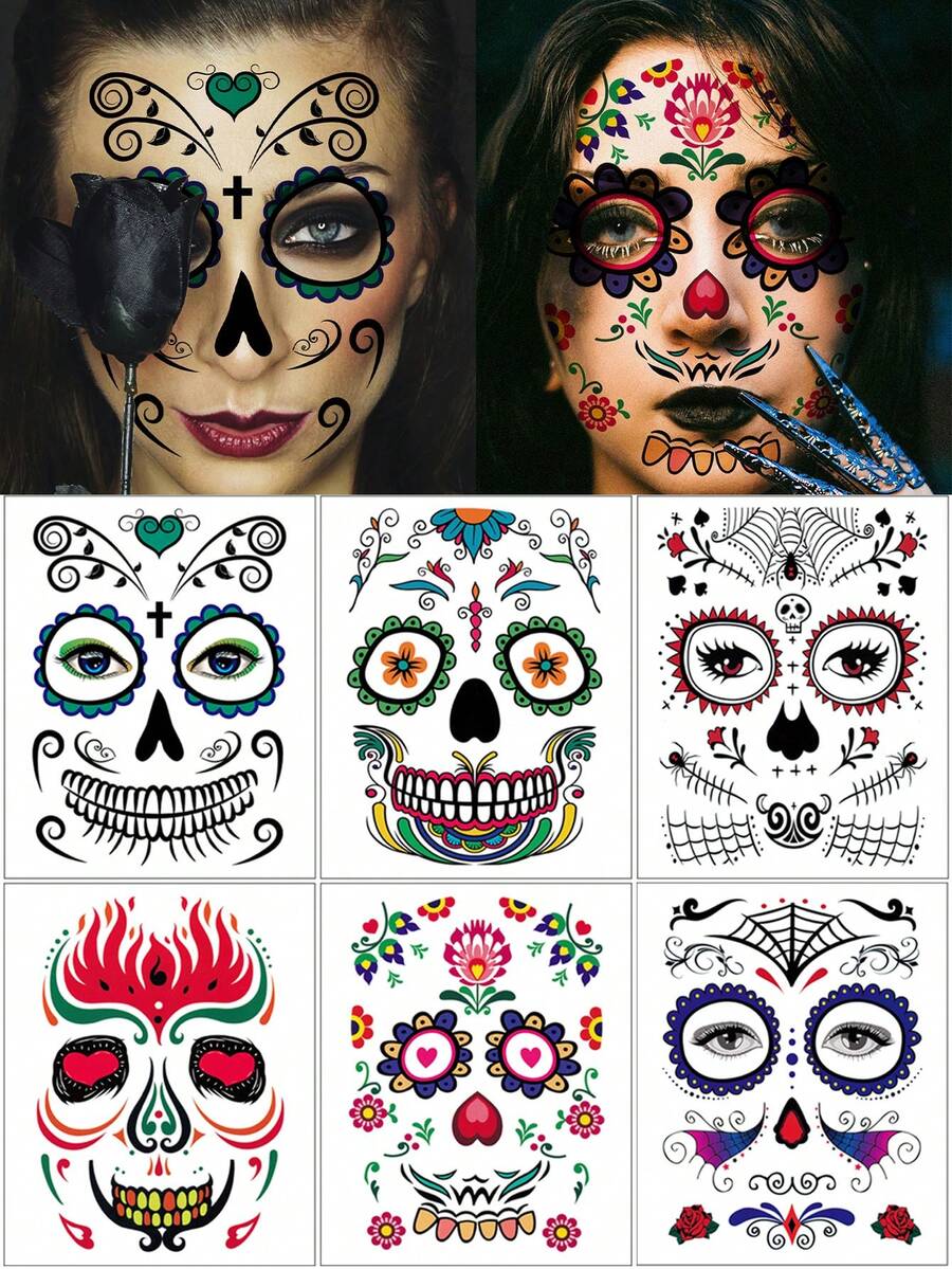 6pcs Halloween Day Of The Dead Face Tattoo Stickers, Skull Spider Web Face Decoration Temporary Tattoos - Multicolor - View 1