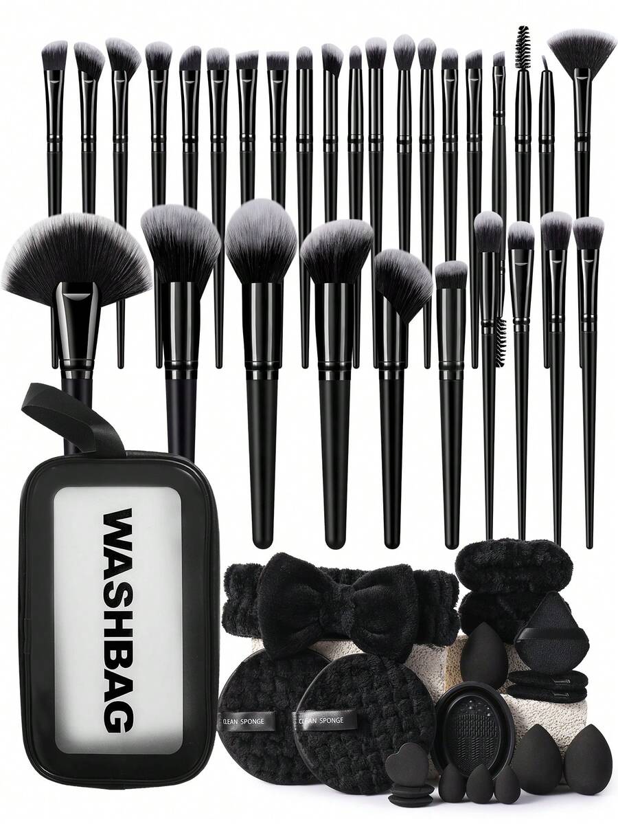 49 Pcs/1PC All‑In‑One Makeup Collection, 30 Pcs New Black Makeup Brushes,18 Pcs Assorted Makeup Accessories And 1 Black Makeup Wash Bag, Makeup Sponges, Headband, Cleaning Tools For Home & Travel Makeup - Black - View 1