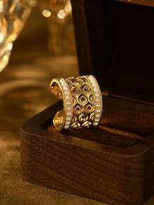 1pc Minimalist Elegant Vintage Pattern Filigree Mesh Faux Pearl Fashion Ring For Women, Wedding, Banquet, Traditional Festival Accessory - Yellow Gold - View 14