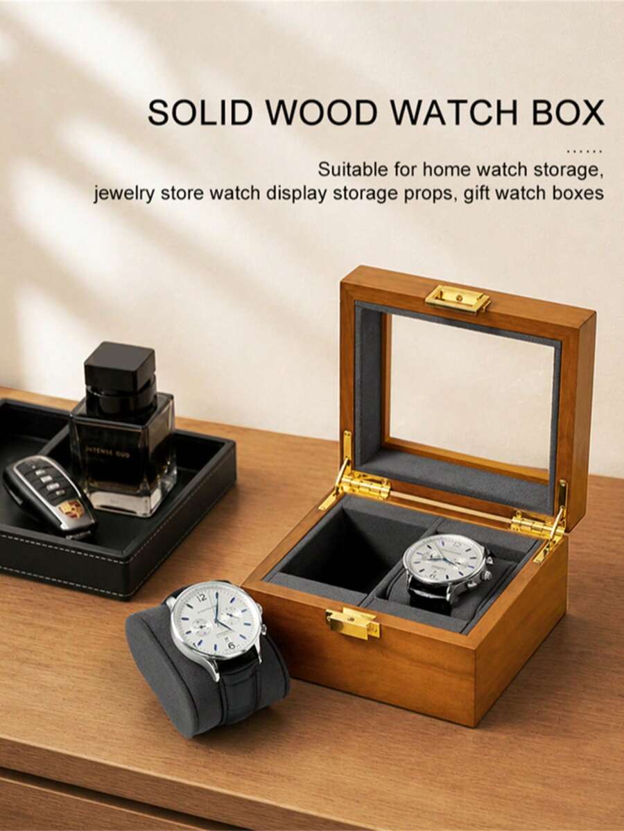 Oirlv Wooden Watch Storage Box With Glass Window, 2-Slot Watch Display Box Jewelry Organizer, Men's Watch And Bracelet Storage, Gift For Watch Enthusiasts