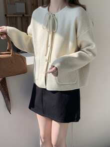 Alicedudu Women's Autumn & Winter Korean Style Tie Bow Thick Loose Knit Cardigan Sweater - Beige - View 6