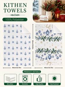 2PCS Kitchen Towels Blue Christmas Tree Illustration Pattern Print 40*60cm Minimalist Style Rectangular Microfiber Soft Kitchen Towels, Dish Cloths, Tablecloths, Hand Towels, Christmas Home Decor, Bathroom Kitchen Decor, Housewarming Gift For Neighbors, Perfect For Kitchen And Bathroom Use, Suitable For Housewives And Family Gatherings, High Cost-Performance, Household Essential - White - View 4
