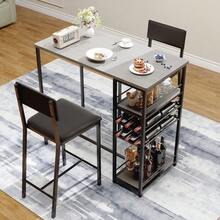 Space-Saving Industrial Dining Table Set For 2 – Upholstered Chairs, Metal Frame, Open Storage Shelves, Integrated Glass Holder – Counter Height For Restaurants, Cafés, Small Apartments - Grey - View 7