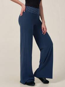 TimeOff 1pc Women's Polka Dot Print Wide Leg Sporty Long Pants With Folded Waistband - Navy Blue - View 10