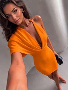 Women's Sexy Elegant Orange Backless Spaghetti Strap Bandage Bodycon Dress, Suitable For Party, Cocktail, Wedding Guest Spring Fall - Orange - View 3