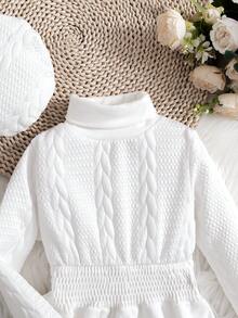 Girls' Casual White Knitted Mock Neck Dress With Elastic Waist, Soft And Warm, Suitable For Various Daily And Special Occasions, Autumn/Winter - White - View 5