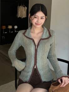 Sweater Vintage Seksi untuk Wanita, Model Baru, Blok Warna, Potongan Ramping, Atasan Kerah Mewah, Patchwork Acak, Musim Gugur - Hijau - View 4
