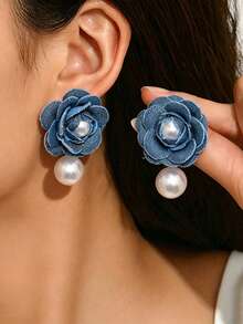 2 piezas Nuevos pendientes de botón con incrustaciones de tela geométrica y perlas falsas con diseño floral, joyería versátil para mujer - Azul - Ver 1