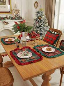 1/2/4pcs Vintage British Plaid Square Ruffled Napkins Placemats, Christmas Holiday Table Decor - Green - View 4