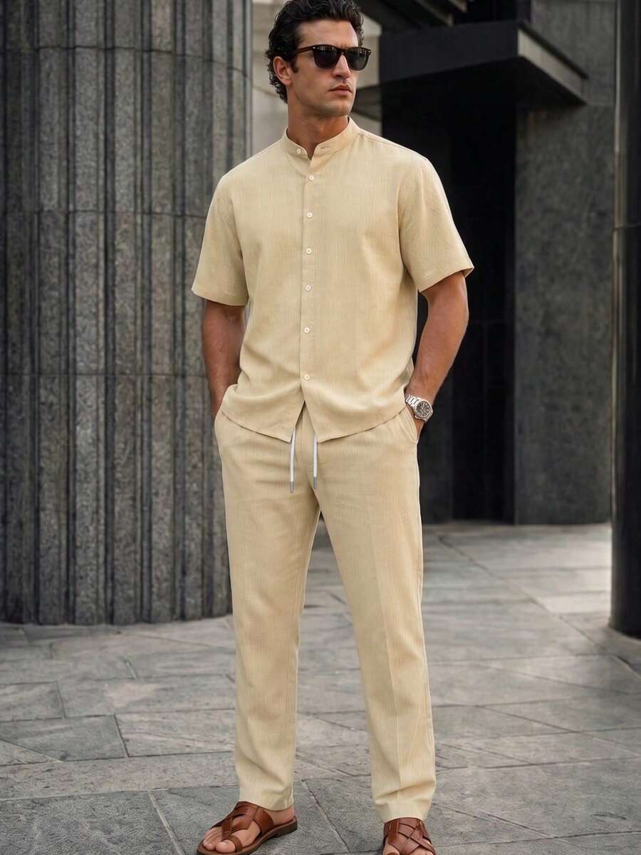 Men's 2-Piece Outfit, Chinese Collar Short Sleeve Button-Down Shirt And Drawstring Waist Straight Leg Pants, Casual Matching Set, Suitable For Spring, Summer And Autumn Wear - Apricot - View 1