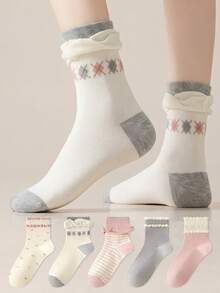 ZUJO 5 Pairs Sweet Women's Lace Mid-Calf Socks, Striped & Ditsy Floral Pattern, Simple Comfortable Breathable, Suitable For Spring, Autumn, Winter Wear - Multicolor - View 3