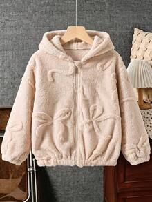 Jaket Kasual Tebal Berbahan Lembut Berbahan Plush dengan Resleting Penuh untuk Anak Perempuan, Cocok untuk Musim Gugur/Dingin - Aprikot - View 2