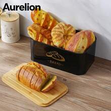 Aurelion Metal Bread Box For Kitchen Countertop, Bread Storage Bin With Natural Bamboo Lid, Vintage Black Gold Decorative Bread Container For Loaf Bread, Kitchen Counter Pantry Organizer - Black - View 7