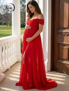 Off-The-Shoulder Lace Maternity Dress - Red - View 2