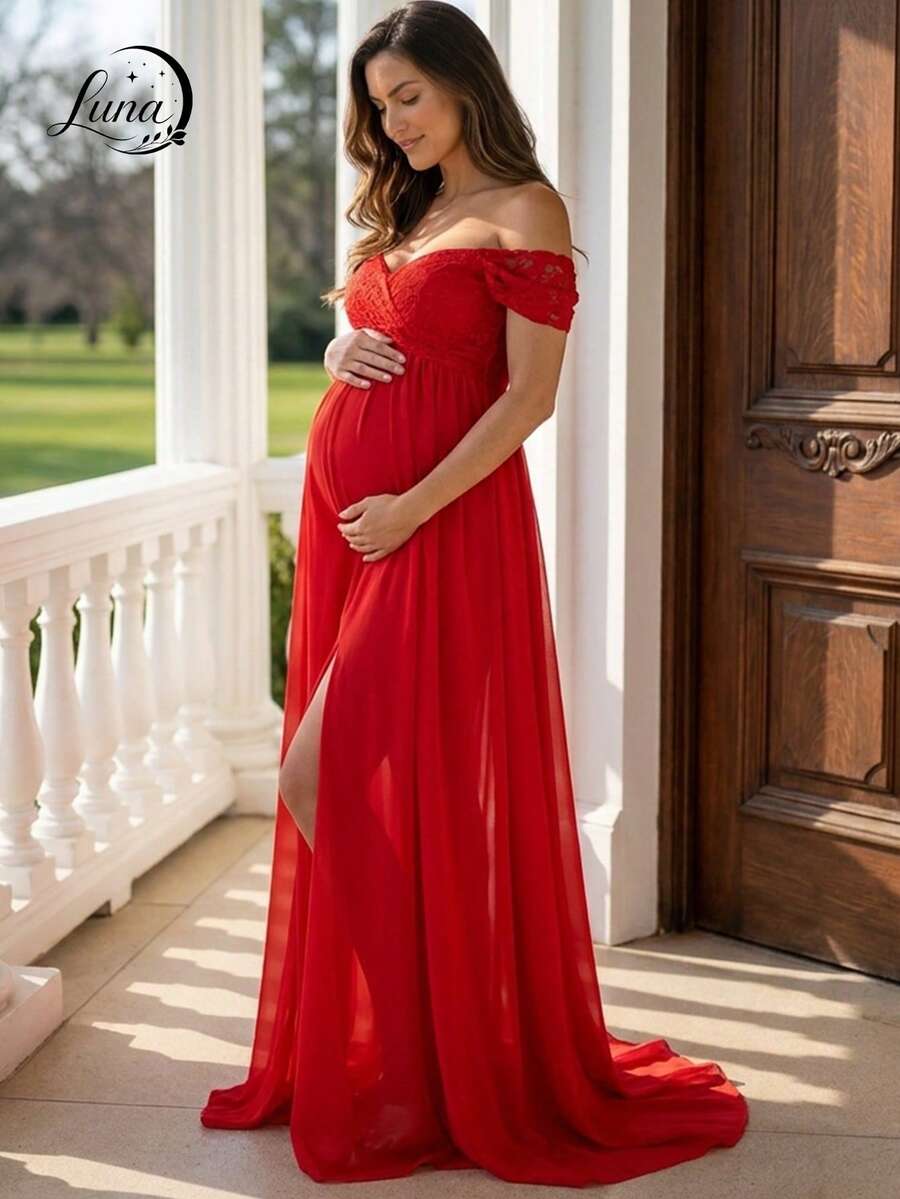 Off-The-Shoulder Lace Maternity Dress