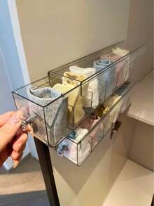 2/1pc Drawer-Style Sock Organizer, High-Quality Closet Divider Storage Box, Wall-Mounted Adhesive Design, No-Drill Installation, Space-Saving For Wardrobe, Suitable For Socks, Underwear, Scarves, Belts And Other Small Items, Ideal For Homes With Limited Closet Space, Transparent Multi-Compartment Design, Perfect Gift, Drawer-Style Storage,Travel Essential,Room Decor - Clear - View 2