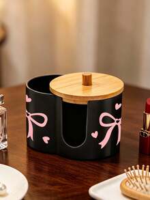 2 Grid Cotton Pad Swab Box,Cute Bow Print Makeup Organizer Box With Bamboo Lid,Desktop Cosmetic Container With Double Round Holes,For Bathroom Vanity - Multicolor - View 5