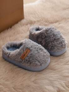 Winter Kids Thermal Lined Slippers, Boys & Girls Comfortable Warm Home Wear Minimalist Fuzzy Slippers - Grey - View 6