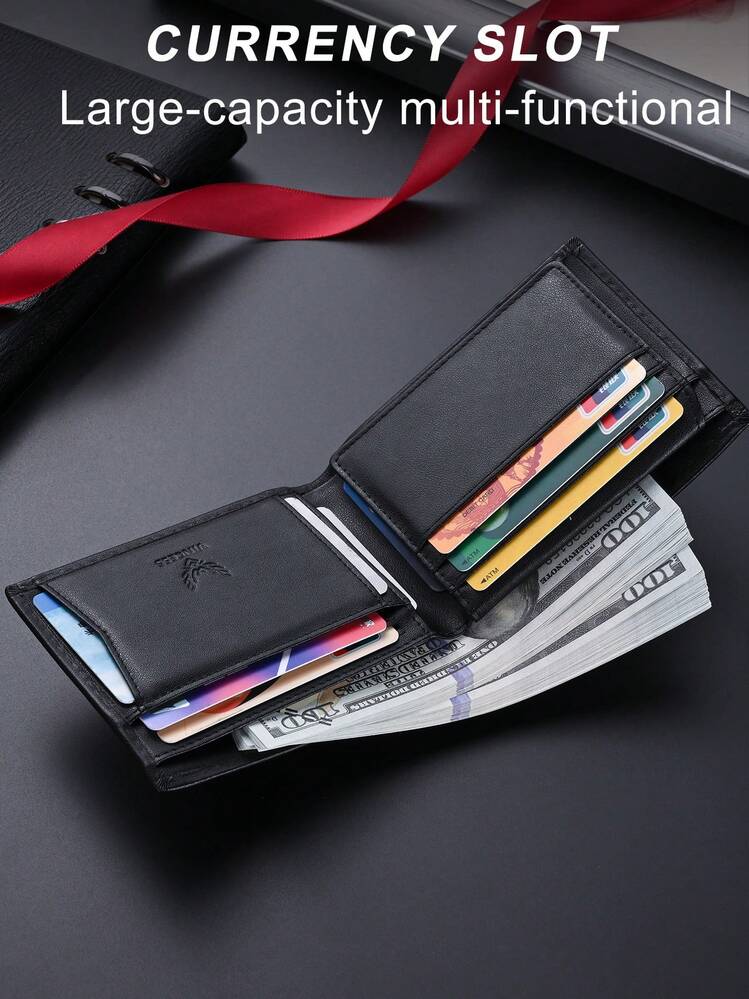 VINCESS Men's Genuine Leather Wallet, Fashionable Slim Card Holder With Multiple Slots And RFID Blocking, Cowhide Coin Purse, Fashionable Geometric Design, Casual Fashion Daily Use, Perfect For Men's Holiday Gift, Valentine's Day Gift - Black - View 4