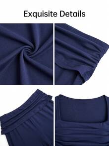 Women's Chic Navy Ribbed Square Neck Crop Top And Flare Pants Two Pieces Set, Elegant Ruched Long Sleeve Outfit With Medium Stretch Fabric For Fall - Navy Blue - View 7