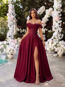 ADYCE Elegant Off Shoulder Waisted Backless Bodycon Tie-Back Lace High-Slit Fishbone Prom Gown Homecoming Wedding Guest Formal Dinner Birthday Christmas - Burgundy - View 1