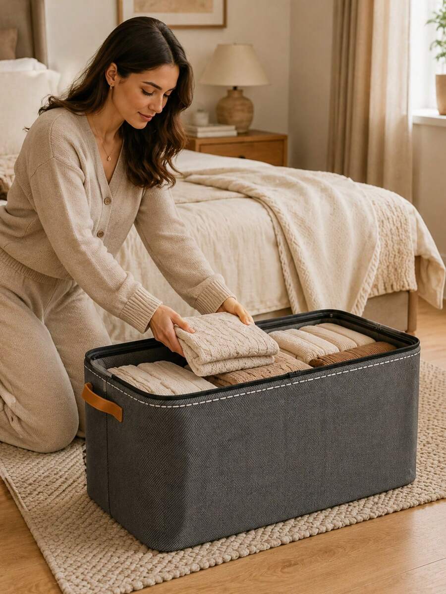 Underbed Storage Bag, Large Capacity Gray Fabric Organizer With Reinforced Handles, Foldable Clothes Blanket Bedding Storage Box For Bedroom Closet Dorm Apartment, Space Saving Home Organization - Grey - View 1