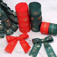 5 Yards/Roll 2.5cm Polyester Christmas Series Gold Foil Ribbon Bows Flowers Gift Packaging Material Christmas Ribbon For Flowers Cakes Christmas Tree Decoration Ribbed Ribbon DIY Decoration Packaging Gifts Party Holiday Supplies - Webbing - View 3
