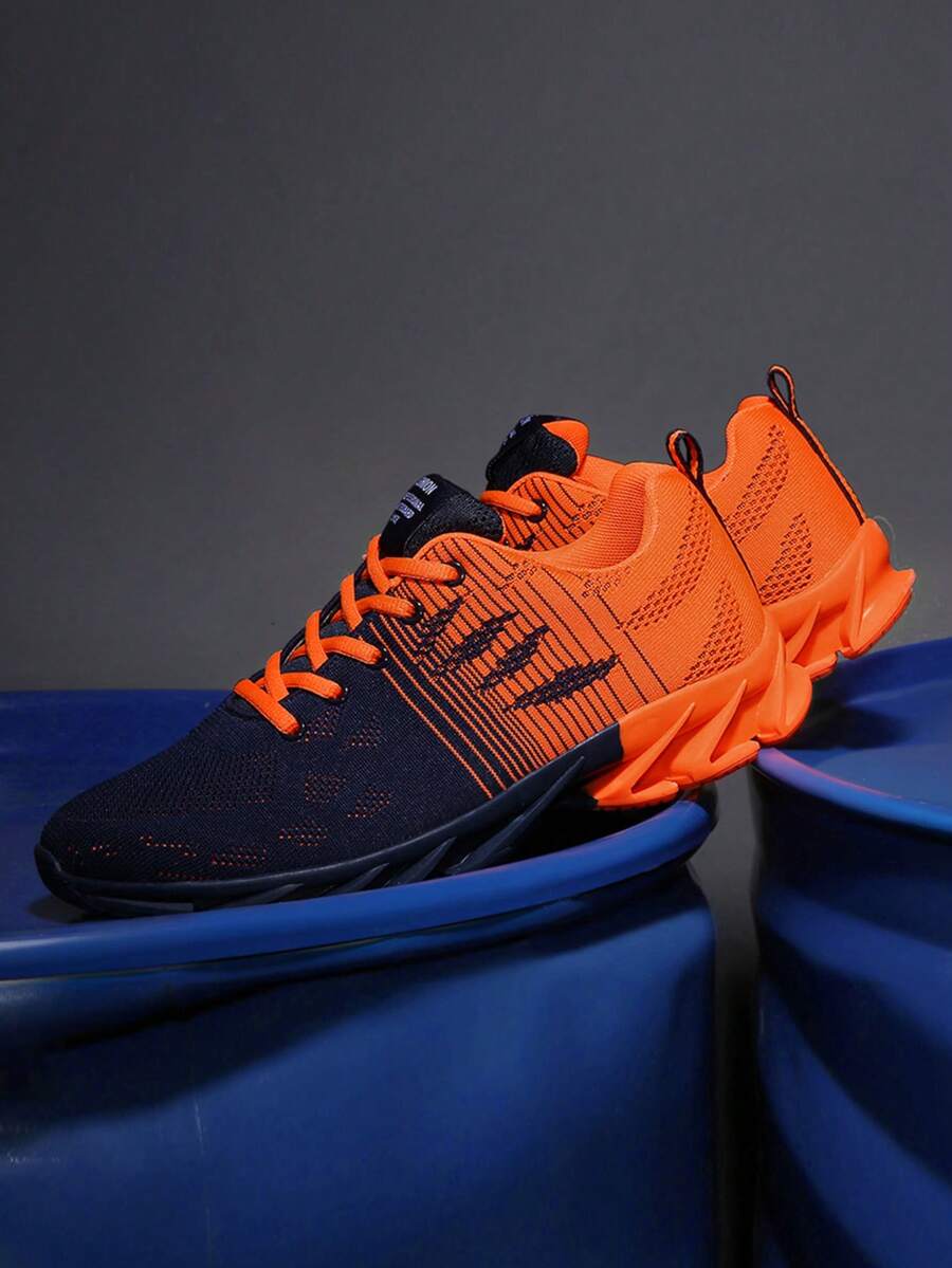 1 Pair Contrast Color Basic Sports Lace-Up Casual Shoes, Breathable Outdoor Shoes For Spring And Autumn - Orange - View 1