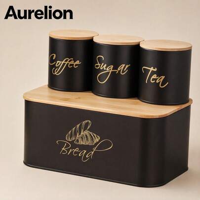 Aurelion 4pcs Black Metal Kitchen Storage Set With Bamboo Lid Bread Box And Coffee Tea Sugar Canisters, Gold Letter Print Food Storage Containers, Countertop Kitchen Organizer
