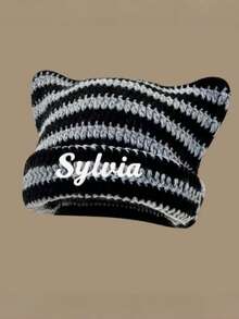 1pc Customized Striped Bucket Hat, Face-Covering Warm Bucket Hat, Cat Ear Ruffle Hat, Outdoor Autumn/Winter Hat, Simple Women's Sun Hat - Black - View 5