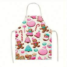 1pc Christmas Linen Apron, Holiday Santa Claus & Tree Print, Red Cartoon Gingerbread Man, Sleeveless Kitchen Apron, Durable Home Cooking Protective Cover, Decorative Holiday Kitchen Accessory - Multicolor - View 7