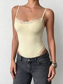 GLAMSKIN Women's Sexy Lace Trim Spaghetti Strap Bodysuit, Sleeveless Fitted Tank Bodysuit Yellow Summer - Yellow - View 7