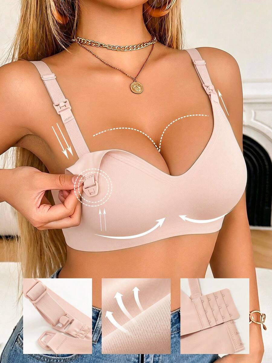 極簡休閒舒適透氣無縫哺乳內衣,純色孕婦內衣,綠色無鋼圈聚攏內衣,前開式方便哺乳產後穿著 - 粉色 - 查看 1
