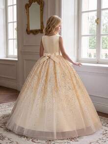 Young Girls Gold Gradient Sequin Mesh High-End Ball Gown Evening Dress Suitable For Birthday Wedding, Headband Not Included - Champagne - View 4