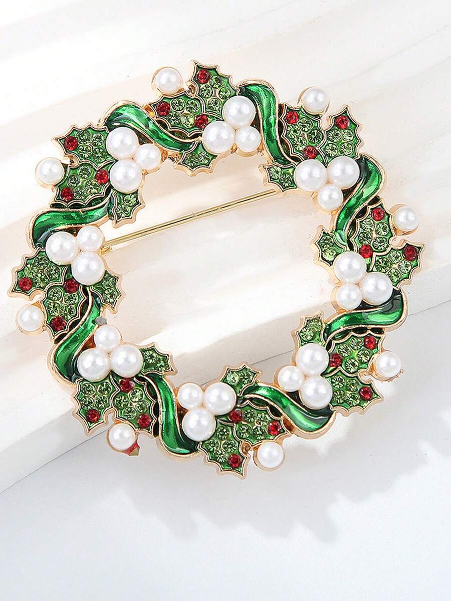 Christmas Wreath Rhinestone Brooch Alloy Corsage - Multicolor - View 1