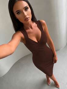 女款夏季時尚性感優雅細肩帶V領修身羅紋針織膝長貼身洋裝，棕色晚宴派對洋裝 - 棕色 - 查看 3