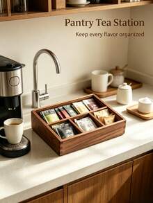 Multi-Compartment Solid Wood Tea Bag Storage Box, Divided Wooden Tea Canister, Decorative Desktop Organizer For Tea Bags, Coffee Capsules, Living Room Tabletop Decor - Walnut - View 2