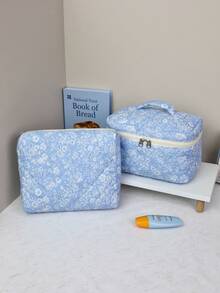 Blue Casual Ditsy Floral Makeup Bag Set, Large Capacity Multi-Layer Handbag, Multi-Functional Double-Layer Storage Bag, Built-In Mesh Pocket Compartment, Smooth And Durable Metal Zipper, Large Capacity Multi-Size Partitioned Toiletry Bag, Can Store Multiple Makeup Tools And Cosmetics, Women's Makeup Bag, First Choice For Travel And Daily Use - Blue and White - View 17