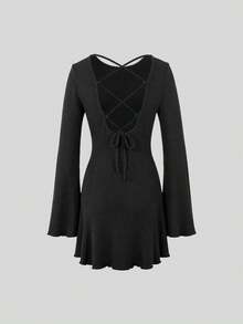 JTI Vestido corto elegante francés para mujer, negro, de punto acanalado, cuello redondo, ajuste ceñido, manga acampanada, espalda descubierta con lazo cruzado, para fiesta y baile de otoño/invierno - Negro - Ver 4