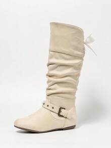 DENGWEISI Beige Slouchy Boots With Side Zipper, Flat Round Toe, Casual Comfortable Versatile Commute Daily Autumn/Winter High-Top Boots For Women Fashion - Beige - View 7