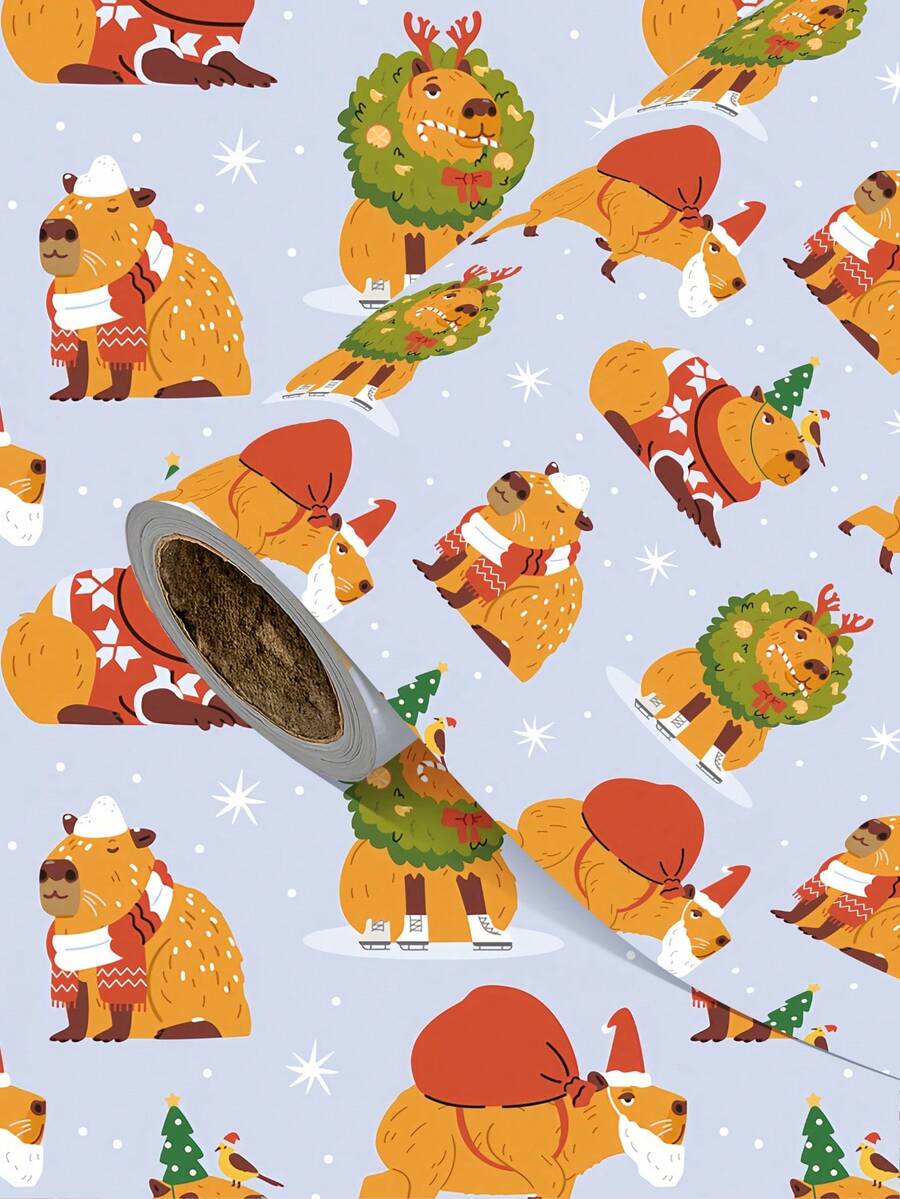 1 Roll Of Christmas Gift Wrapping Paper Featuring A "Capybara Pattern;Perfect For Christmas Gift Wrapping,Holiday Party Decor,Home Festive Decoration,DIY Craft,Festive Favour Wrapping 1 Roll Size: 43 Cm X 300 Cm. - A - View 1