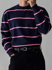 Men's Mercerized Striped Loose Drop Shoulder Crew Neck Long Sleeve Sweater - Navy Blue - View 1