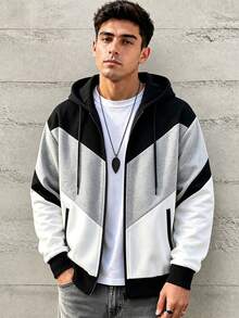 HEYKESON Men's Hooded Zip-Up Jacket, Colorblock Patchwork Drawstring Hooded Long Sleeve Casual Open Front Sweatshirt - Black - View 3