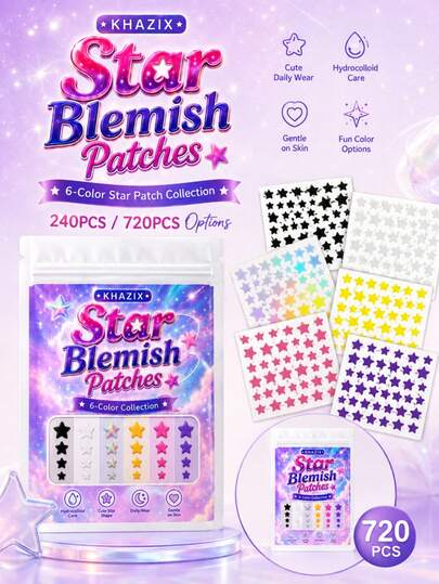 240/720PCS 6-Color Star-Shaped Acne Patches, Waterproof & Sweat-Resistant, Day & Night Use, Scar Concealing, Seamless & Non-Caking, Gentle & Non-Irritating, Refreshing & Skin-Friendly