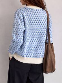 Women's Autumn/Winter Vintage Casual Elegant Floral Pattern Round Neck Cardigan Sweater Jacket - Baby Blue - View 2