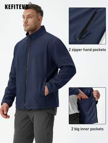 KEFITEVD Men's Softshell Jacket Fleece Lined Coat Waterproof Windproof Breathable Warm Full Zip Stand Collar 4 Pockets Adjustable Cuffs For Hiking Camping - Navy Blue - View 6