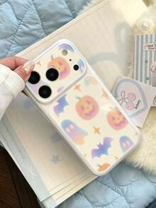 Dreamy Macaron Gradient Pumpkin Little Ghost Cartoon Print Phone Case, Raised Lens Anti-Scratch Wear-Resistant Glossy Full Coverage Anti-Drop TPU Soft Shell, Compatible With 11-18 Series, Korean Style Cute Halloween Phone Cover - White - View 5