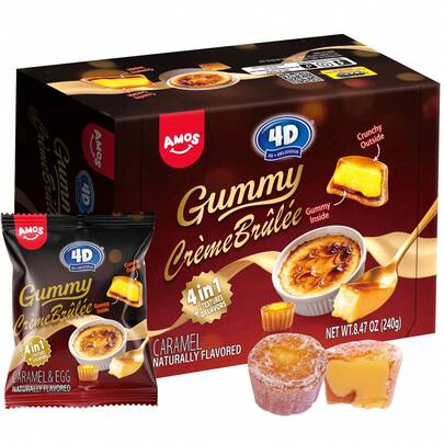 AMOS Gomitas de caramelo y huevo con sabor natural, snack novedoso de crema brûlée 4D, 240 g