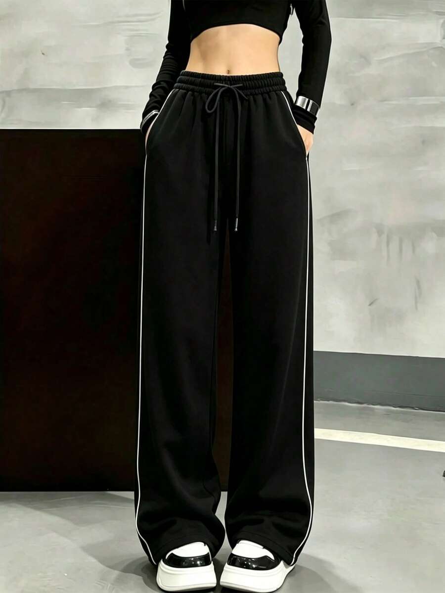 Women's Black Side Striped Straight Leg Sweatpants, Comfortable Fabric For Outdoor Walking, Hiking, And Daily Wear Spring Sports - Black - View 1